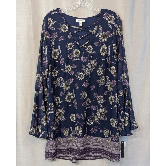 Women's LARGE Top Floral V Neck Long Ruffle Bell Sleeve Tunic Flowy Bohemian - Picture 2 of 14